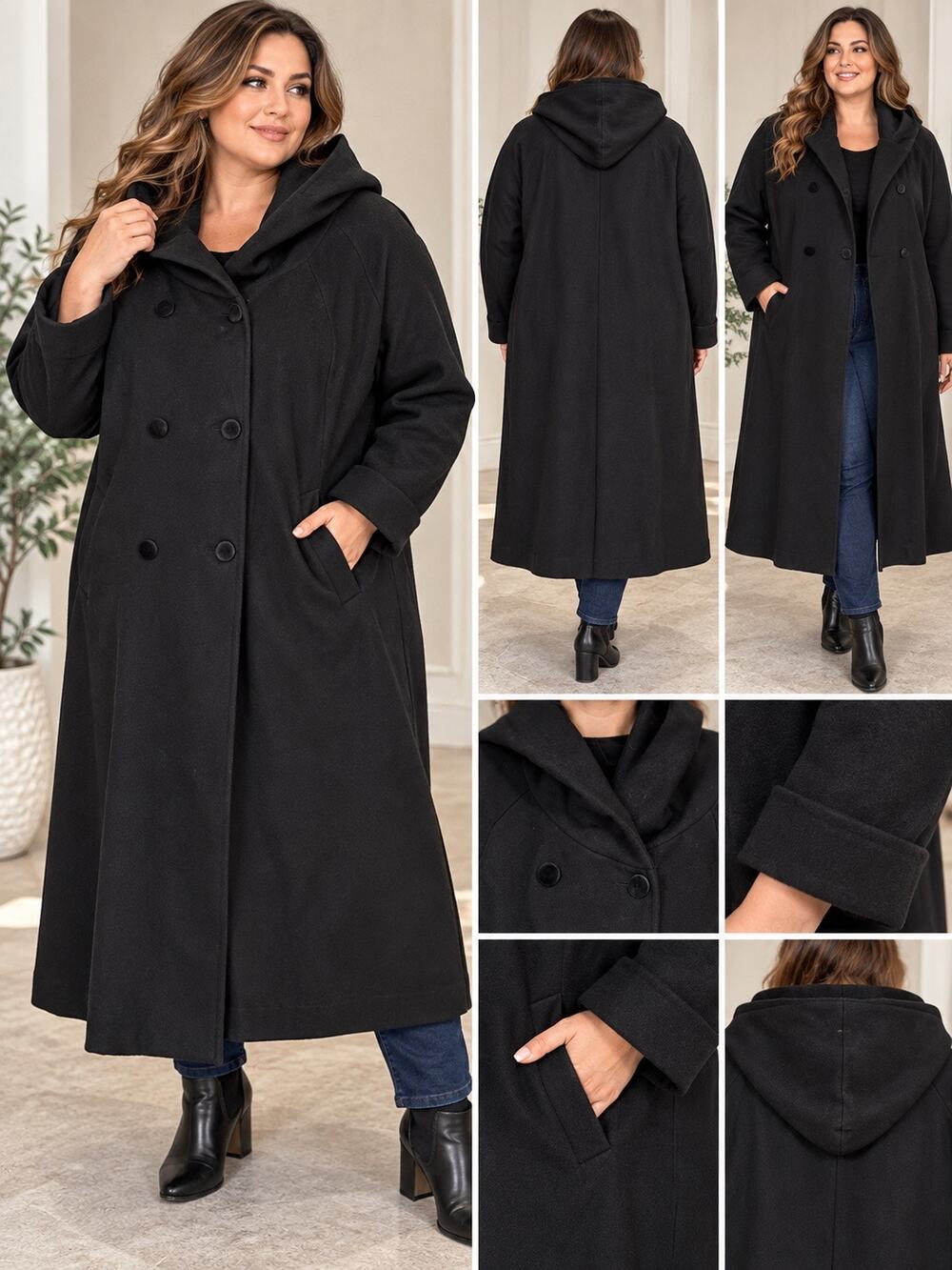 Lane Bryant Design Collection Black Wool Blend Hooded Double Breasted Long Coat